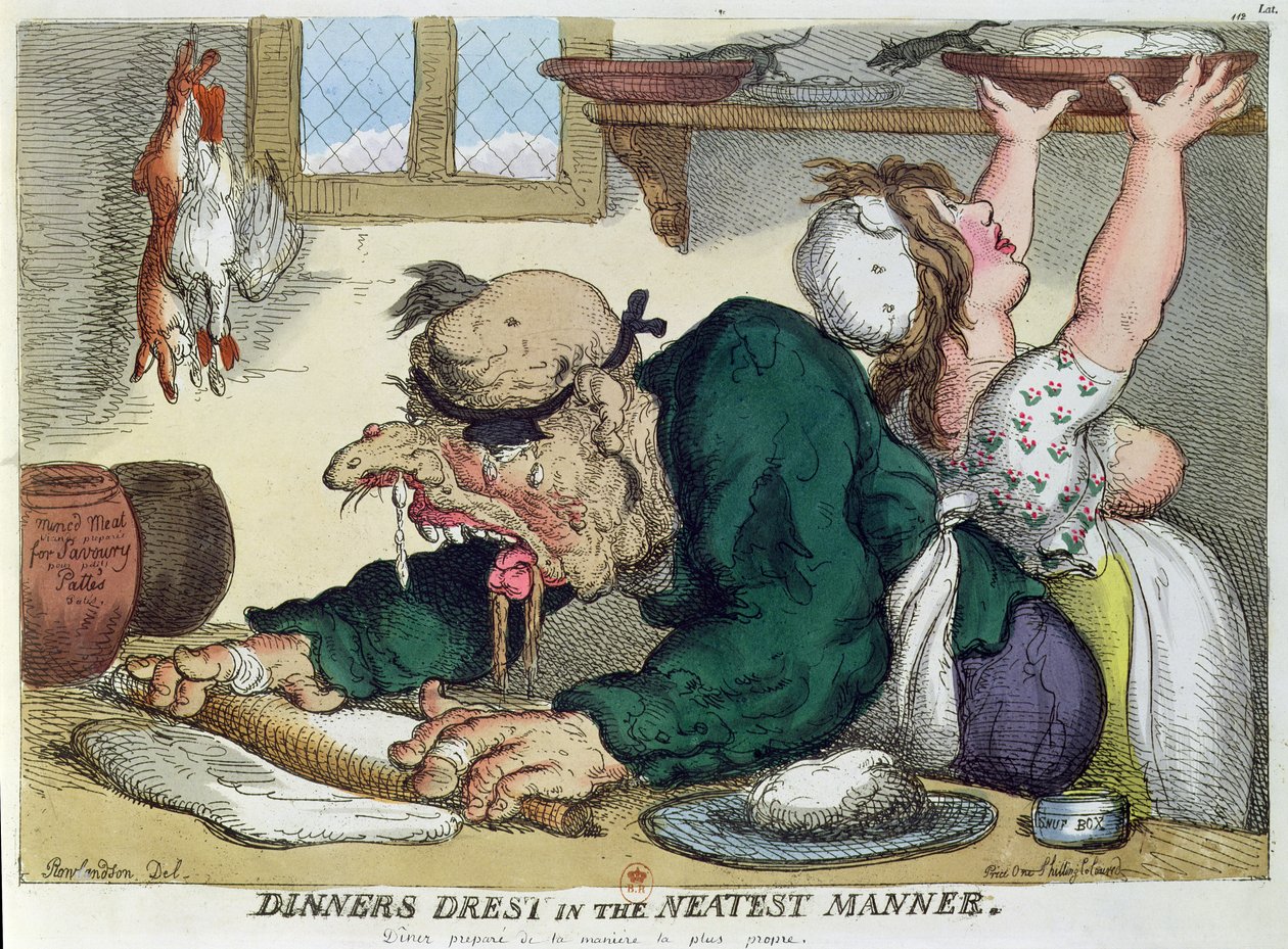 Dinners Dres in the Neatest Manner, satirický kreslený film o kulinářské hygieně od Thomas Rowlandson