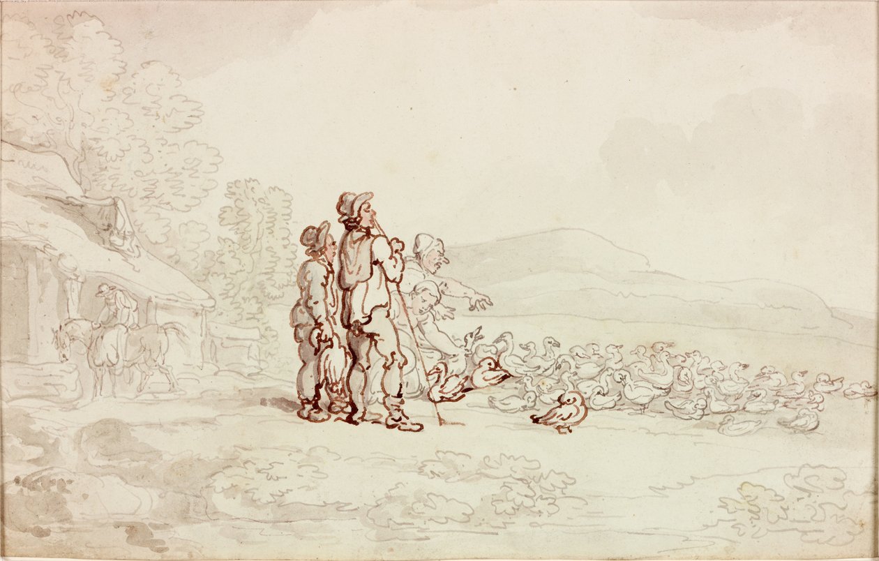 Scéna z farmy s hejnem hus (tužka a akvarel na papíře) od Thomas Rowlandson