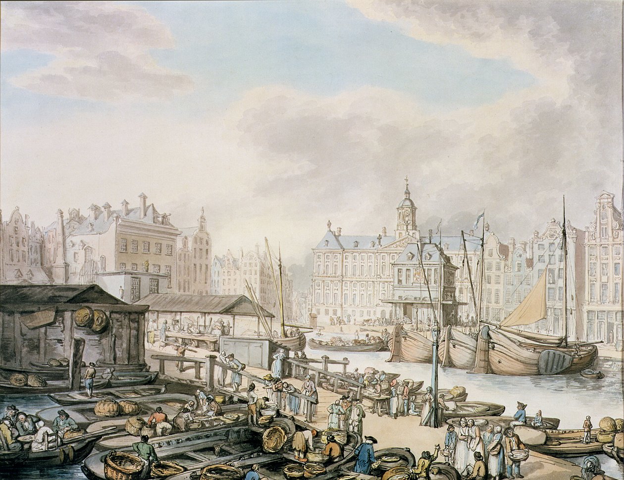 Feyge Dam a část rybího trhu, Amsterdam, cca 1794 (pero a inkoust s wc na papíře) od Thomas Rowlandson