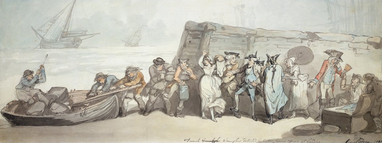 Francouzští pašeráci odhalení celníky v Landing, 1790 (pero a inkoust, wc a inkoust na papíře) od Thomas Rowlandson