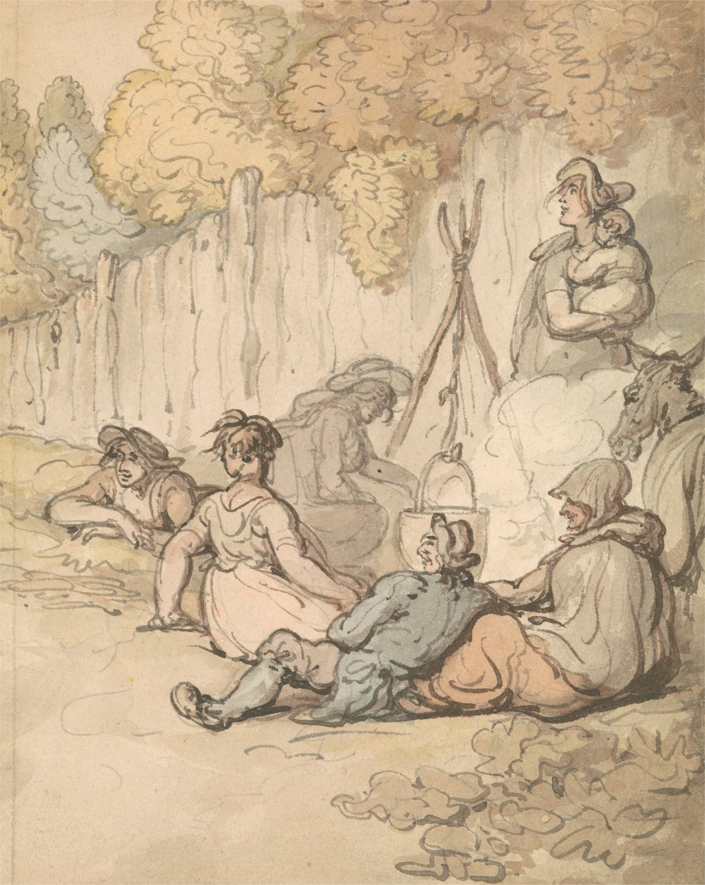 Cikáni vaří na otevřeném ohni od Thomas Rowlandson