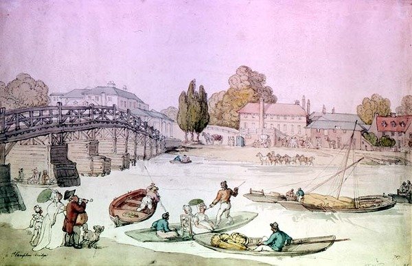Hampton Bridge s pontony a bárkami (wc) od Thomas Rowlandson