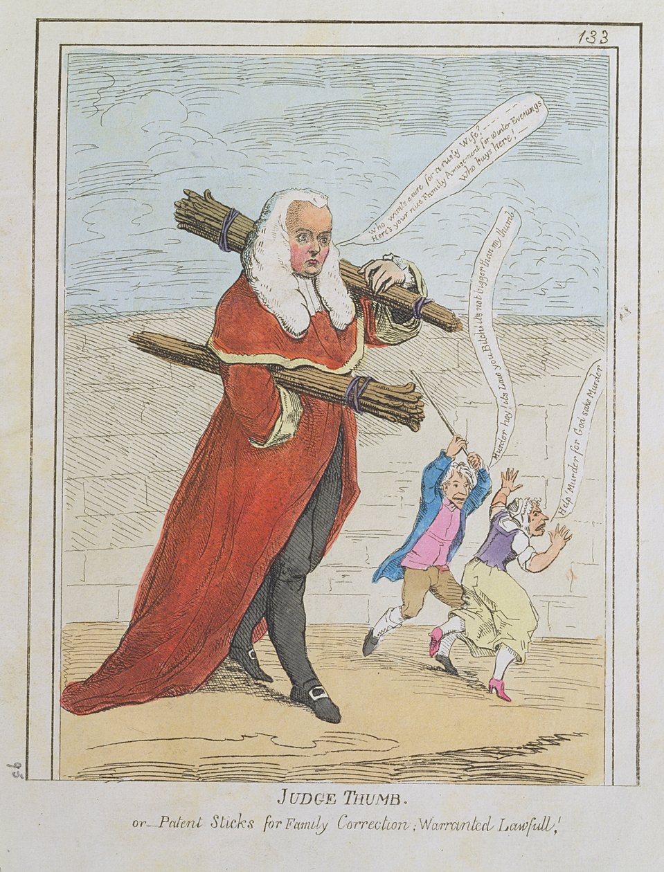 Soudce Thumb - nebo Patent Sticks for Family Correction; Warranted Lawfull, karikatura soudce Butlera, z Rowlandson