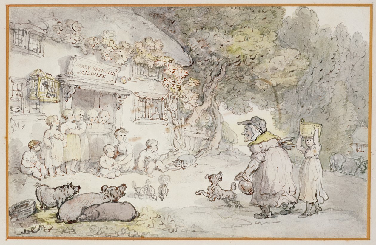 Mary Spriggens, porodní asistentka (wc, pero a inkoust) od Thomas Rowlandson