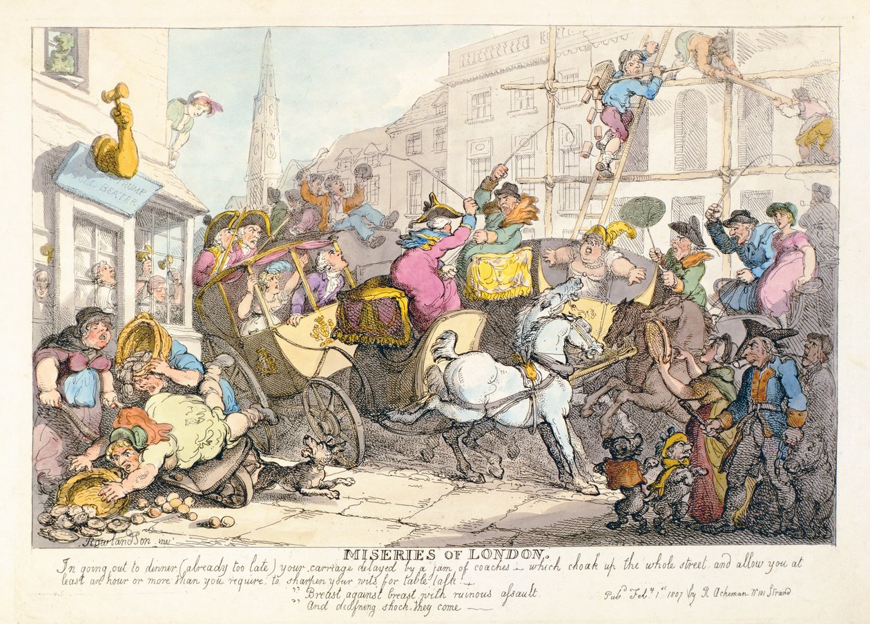 Miseries of London: Prsa proti prsu s ničivým útokem a smrtelným šokem, který přichází, hospoda. od Ackermanna, 1807 od Thomas Rowlandson