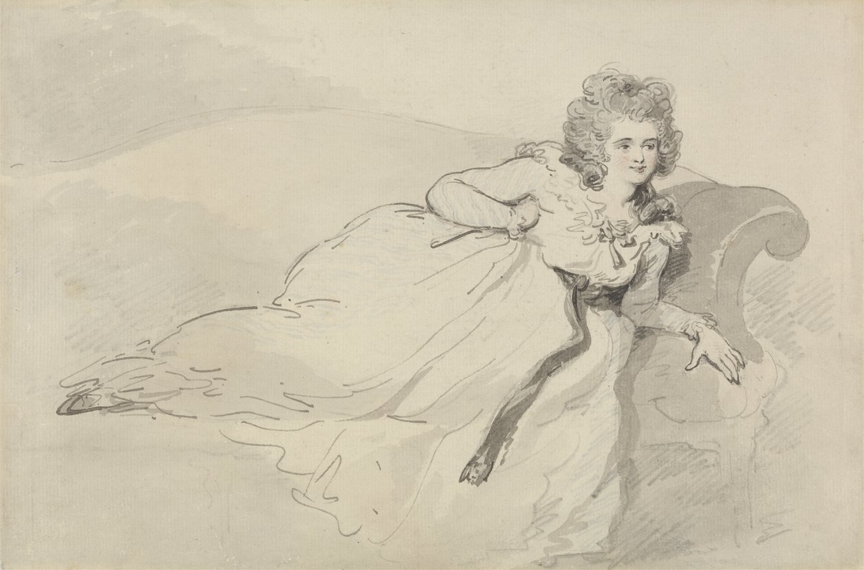 Paní Abingtonová, ležící na pohovce (pero, grafit a wc na papíře) od Thomas Rowlandson