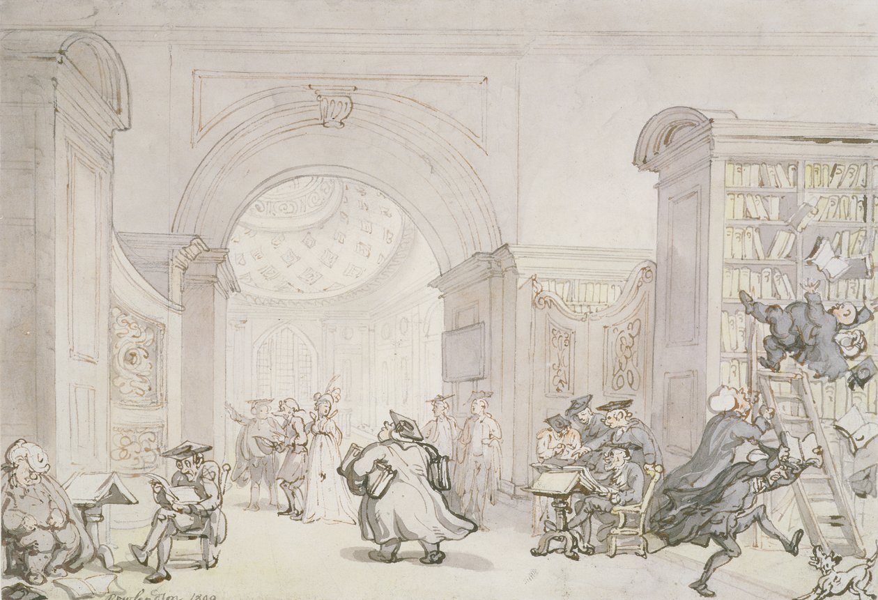 No.0613 The West Room and the Dome Room of Old University Library, Cambridge, 1800 (tužka, inkoust a wc) od Thomas Rowlandson