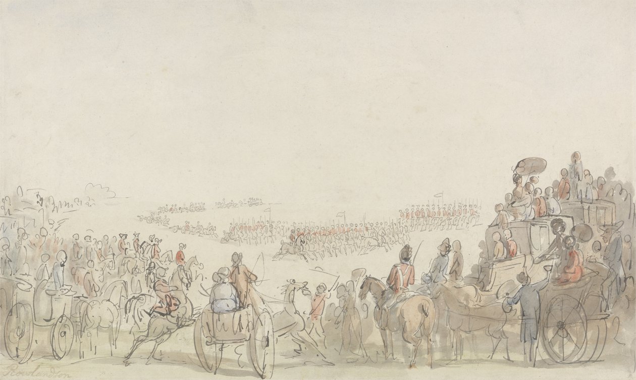 Recenze Light Horse Volunteers na Wimbledon Common, 1798 (pero a inkoust s wc přes grafit na papíře) od Thomas Rowlandson