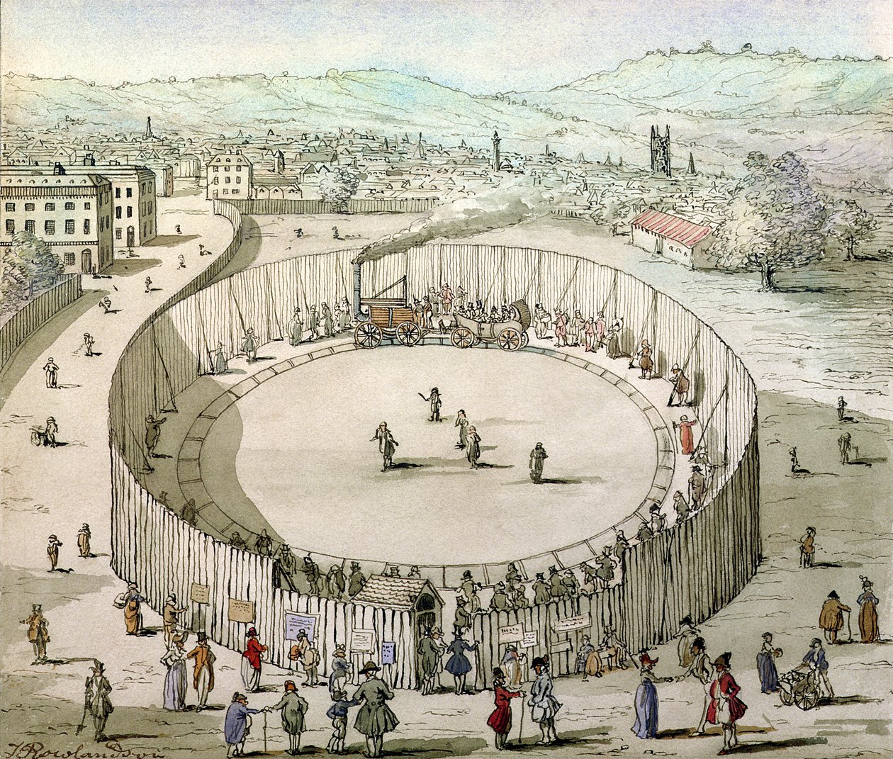Richard Trevithicks Railroad, Euston Square v roce 1809 (wc na papíře) od Thomas Rowlandson