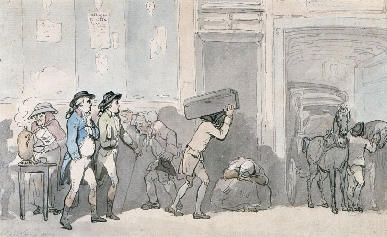 Rowlandson a Wigstead (1745-93) Příjezd do hostince (pero a šedý inkoust a wc na papíře) od Thomas Rowlandson