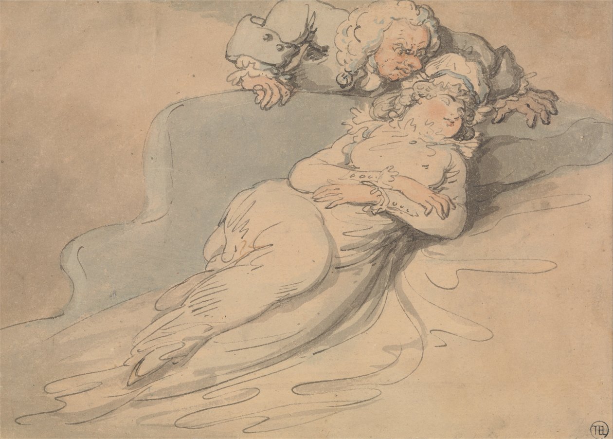 Spící žena sledovaná mužem od Thomas Rowlandson