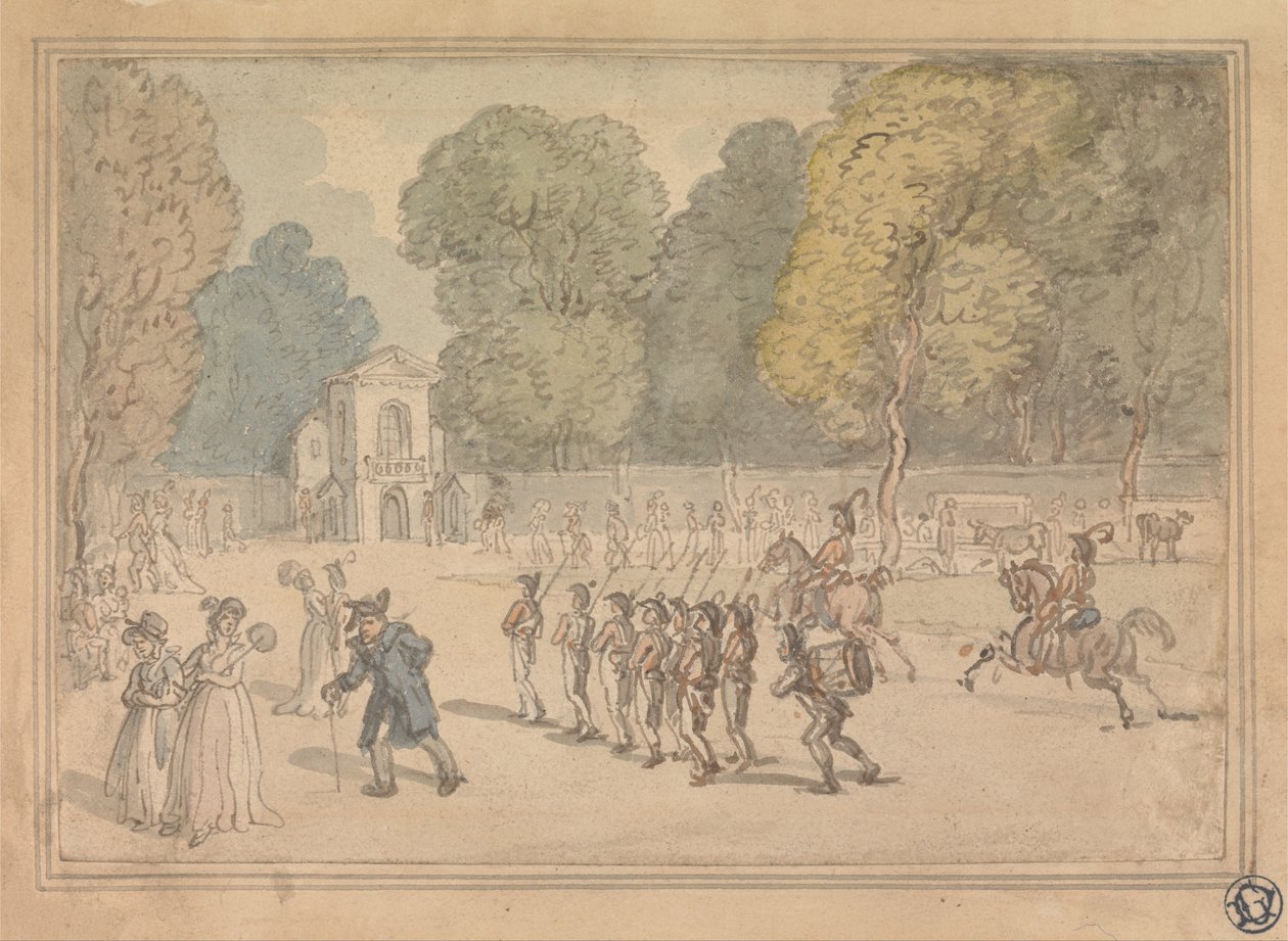 Vojáci v parku St. James od Thomas Rowlandson