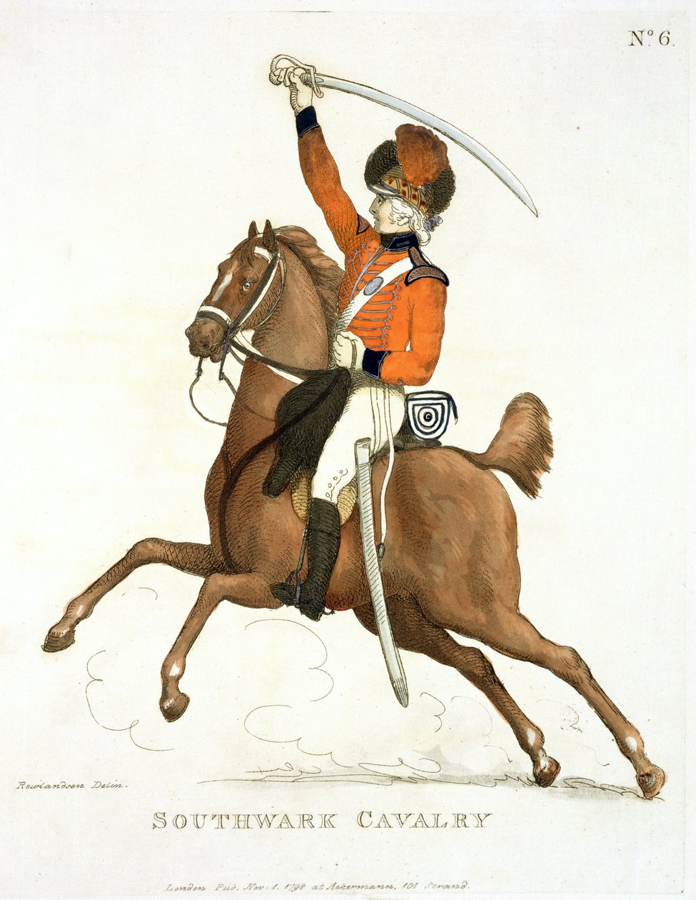 Southwark Cavalry Volunteer, deska 6 z knihy "Loyal Volunteers of London and Environs", vydané v roce 1798 od Thomas Rowlandson