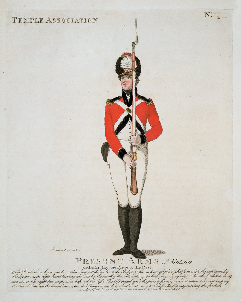 Dobrovolník Temple Association Volunteer, deska 14 z „Loyal Volunteers of London and Environs“, vydáno 1798 od Thomas Rowlandson