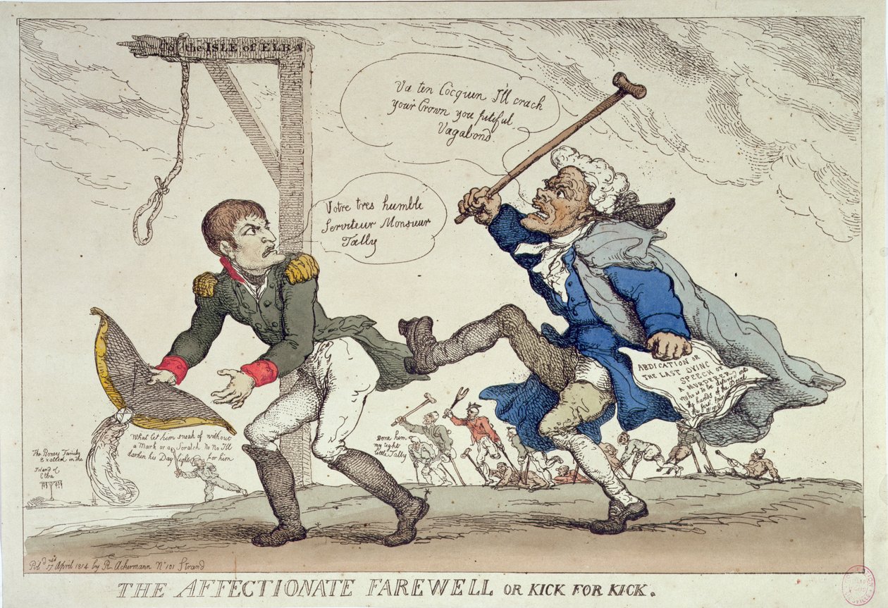 The Affectionate Farewell aneb, Kick for Kick, vydal R. Ackermann, 17. dubna 1814 od Thomas Rowlandson