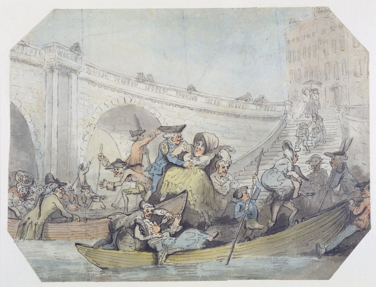 Příjezd trajektů na London Bridge (pero a inkoust, wc přes grafit na tkaném papíře) od Thomas Rowlandson
