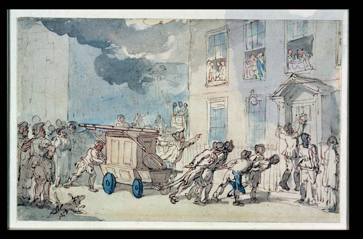 Příjezd hasičského vozu (wc, pero a inkoust, tužka a pastel na papíře) od Thomas Rowlandson