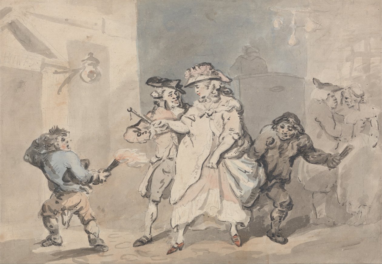 The Inn Door (Muž doprovázený dvěma odkazovými chlapci ke dveřím vlevo) od Thomas Rowlandson