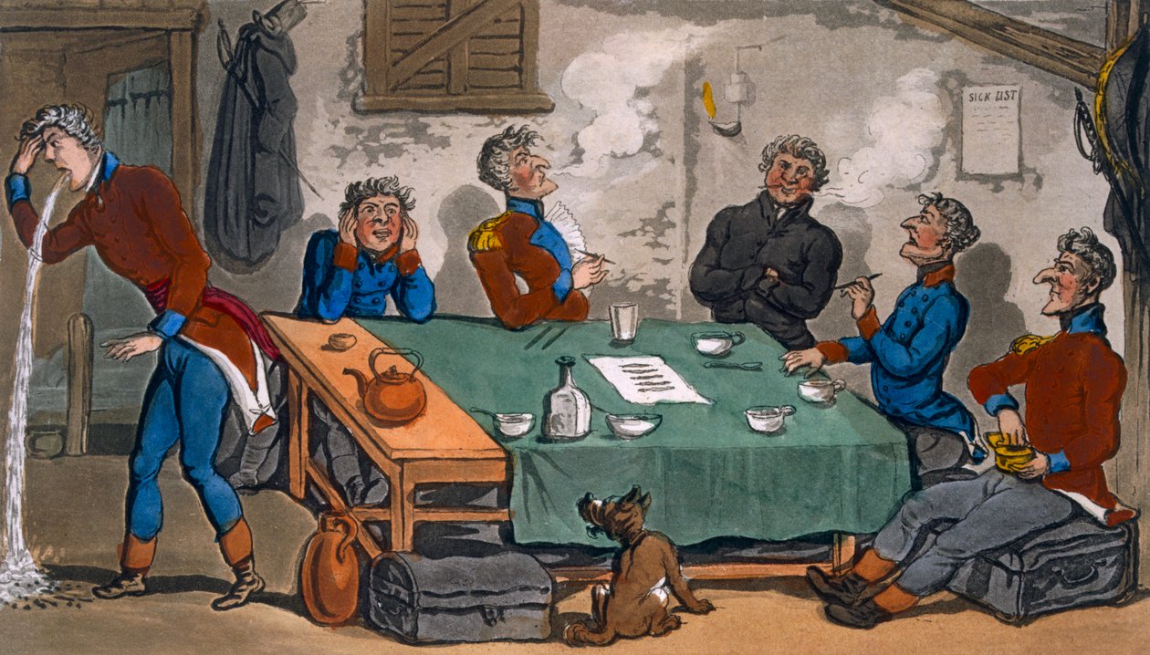 Vojenská dobrodružství Johnnyho Newcomba s popisem jeho tažení na poloostrově a v Pall Mall, 1816 (ručně kolorovaný lept a akvatinta) od Thomas Rowlandson
