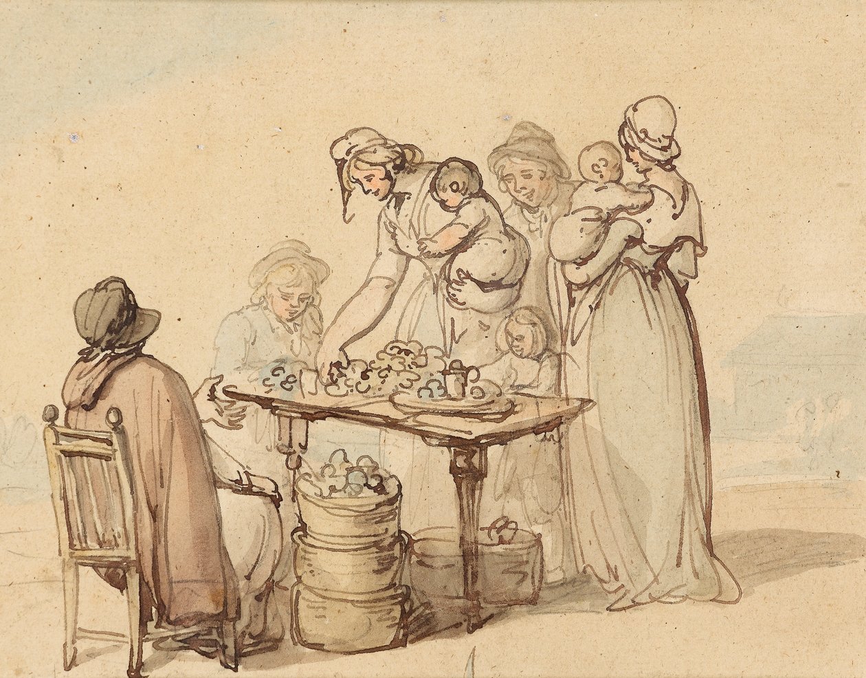 The Oyster Stall (pero a hnědý inkoust s mytím na papíře) od Thomas Rowlandson