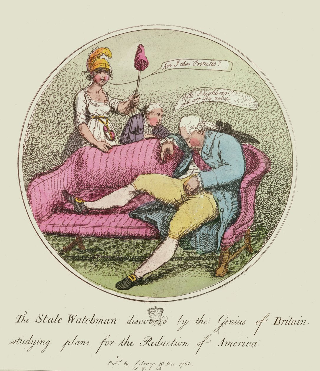 State Watchman objevený géniem Británie, který studoval plány na redukci Ameriky, 1781 (barevný lept) od Thomas Rowlandson