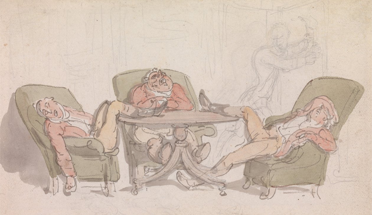 Tři sportovci spí u stolu na židlích od Thomas Rowlandson