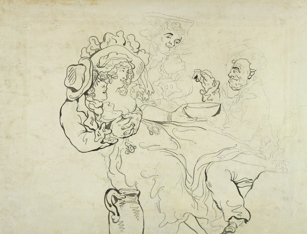 Tři muži a žena pijí (pero a inkoust a wc na papíře) od Thomas Rowlandson