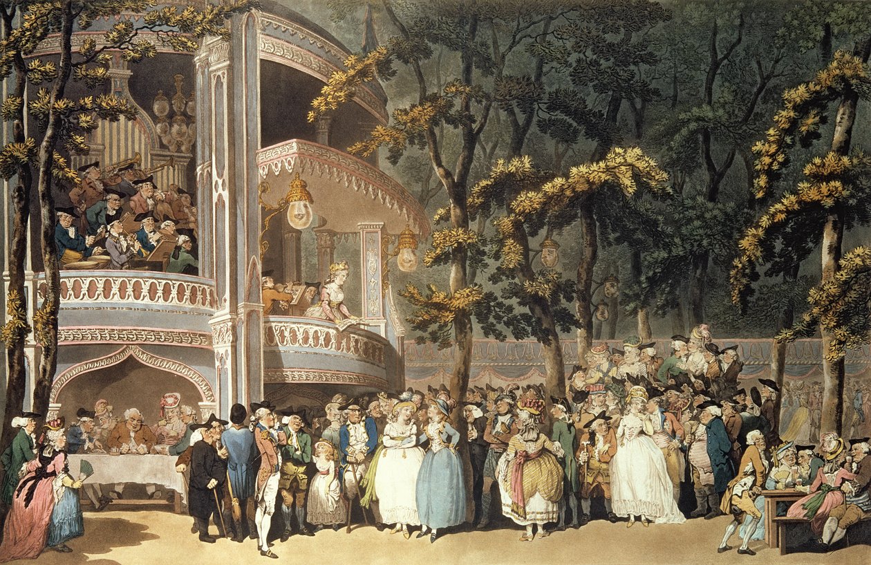 Vauxhall Gardens z Ackermannova „Microcosm of London“, 1809 (pero a inkoust na akvarelu) od Thomas Rowlandson