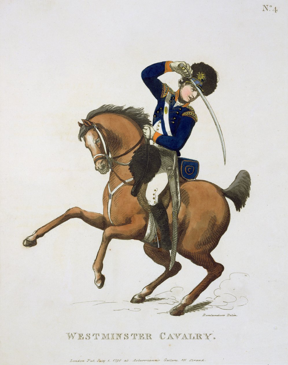 Westminster Cavalry Volunteer, deska 4 z „Loyal Volunteers of London and Environs“, vydáno 1798 od Thomas Rowlandson