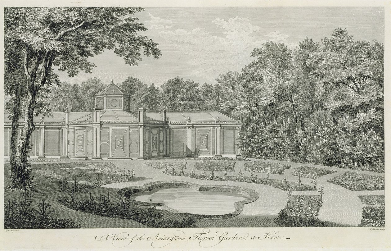 Pohled na voliéru a květinovou zahradu v Kew, z „Plány, pohledy, řezy a perspektivní pohledy na zahrady a budovy v Kew v Surry“, od Sira Williama Chamberse (1726-96), vyryl Cha od Thomas Sandby