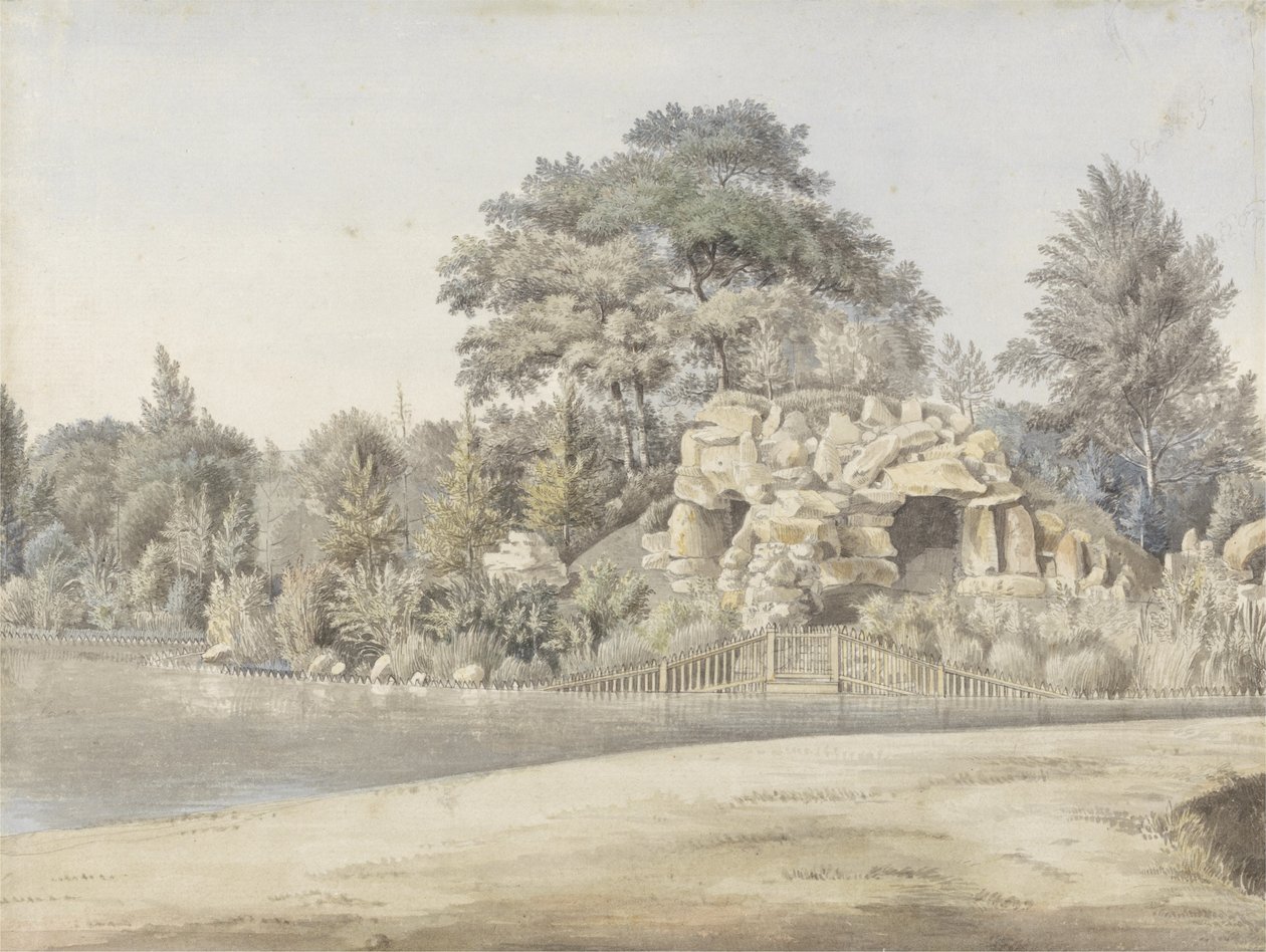 The Grotto, Virginia Water (wc nad inkoustem a grafitem položeným na papíře) od Thomas Sandby