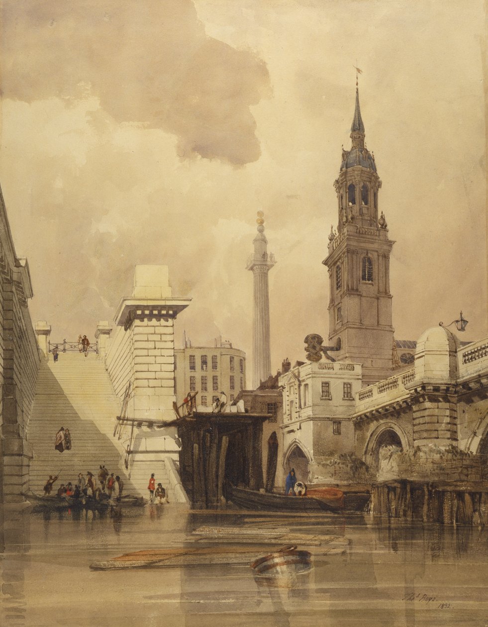Kostel svatého Magnuse mučedníka u mostu London Bridge, s památníkem v pozadí (wc na papíře) od Thomas Shotter Boys