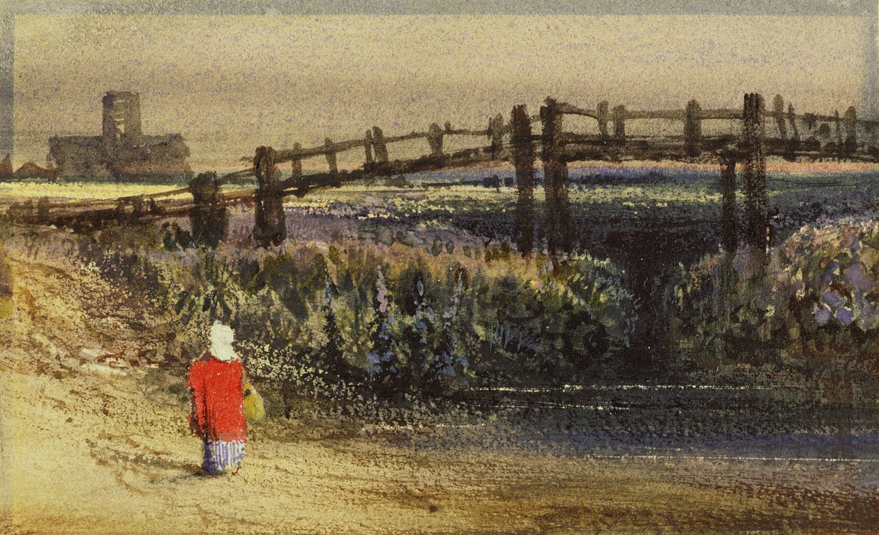 Lávka (krajina s červeným pláštěm) (wc a arabská guma na papíře) od Thomas Shotter Boys