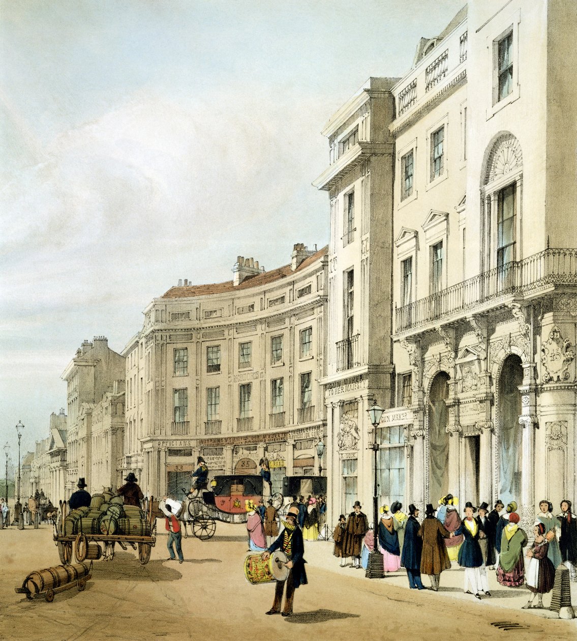 Západní strana rozšířeného cirkusu Regent Circus Johna Nashe (detail) z „London As It Is“, vyryto a zveřejněno umělcem, 1842 od Thomas Shotter Boys