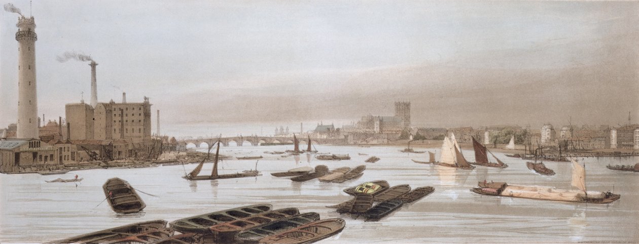 Westminster z Waterloo Bridge, obsahující Shot Tower, z „Londýna tak, jak je“, vyryto a vydáno umělcem, 1842 (viz 14208) od Thomas Shotter Boys