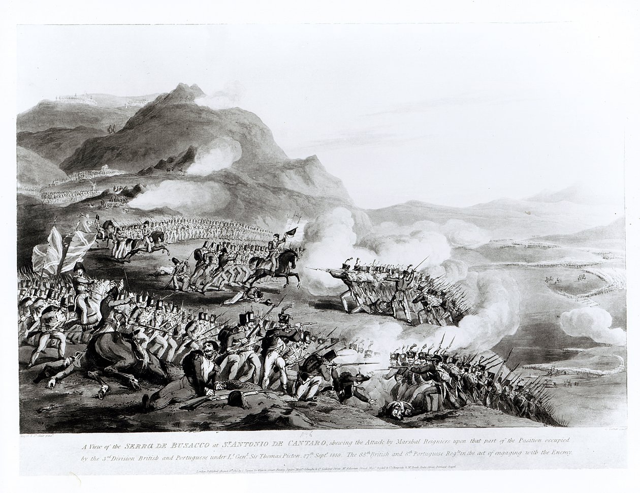 Pohled na Serra de Busacco v San Antonio de Cantara zobrazující útok maršála Reignierse na britské a portugalské síly pod vedením generálporučíka Sira Thomase Pictona, 27. září 1810, rytina od Thomas Staunton St. Clair