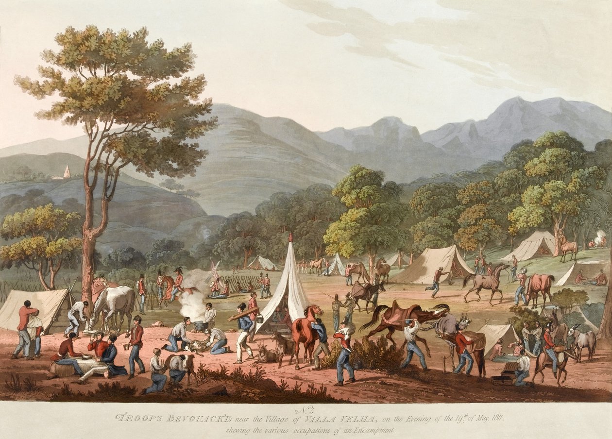 Vojska Bevouac?d [sic] poblíž vesnice Villa Velha, večer 19. května 1811, ukazující [sic] různá zaměstnání v táboře, 1810-11 od Thomas Staunton St. Clair