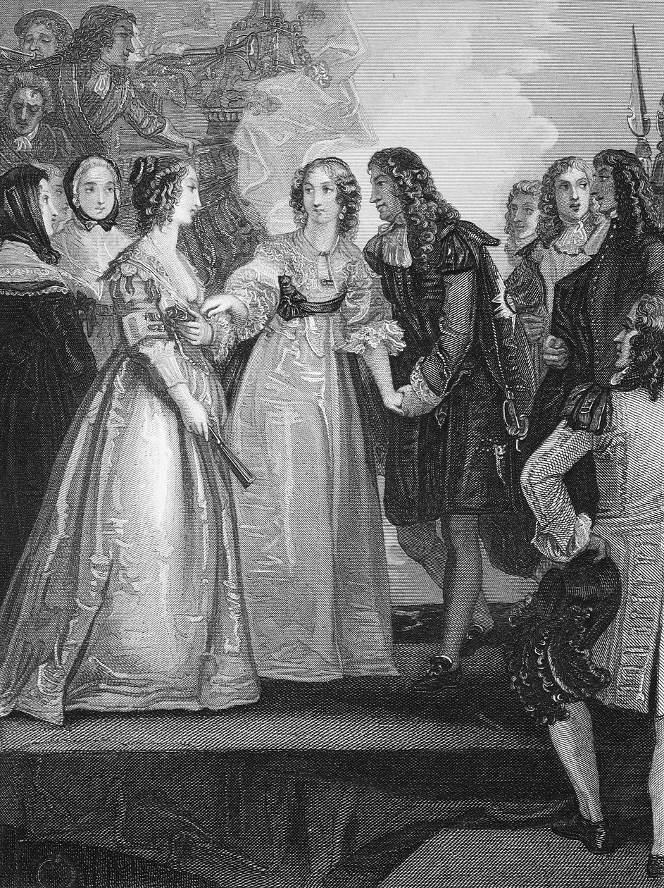 Charles II přijímá vévodkyni z Orleansu v Doveru, vyryl A.H. Payne od Thomas Stothard