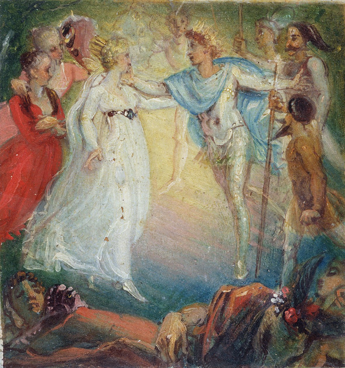 Oberon a Titania ze „Snu noci svatojánské“ od Williama Shakespeara (1564-1616) 1806 (olej na papíře připevněný na desce) od Thomas Stothard