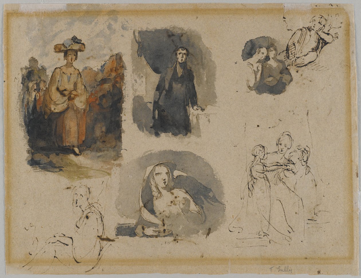 [Bez názvu] (Seven Figure Studies), kolem 30. let 19. století (železný inkoust a wc na béžovém, středně těžkém, středně texturovaném starožitném papíře) (na druhou stranu) od Thomas Sully