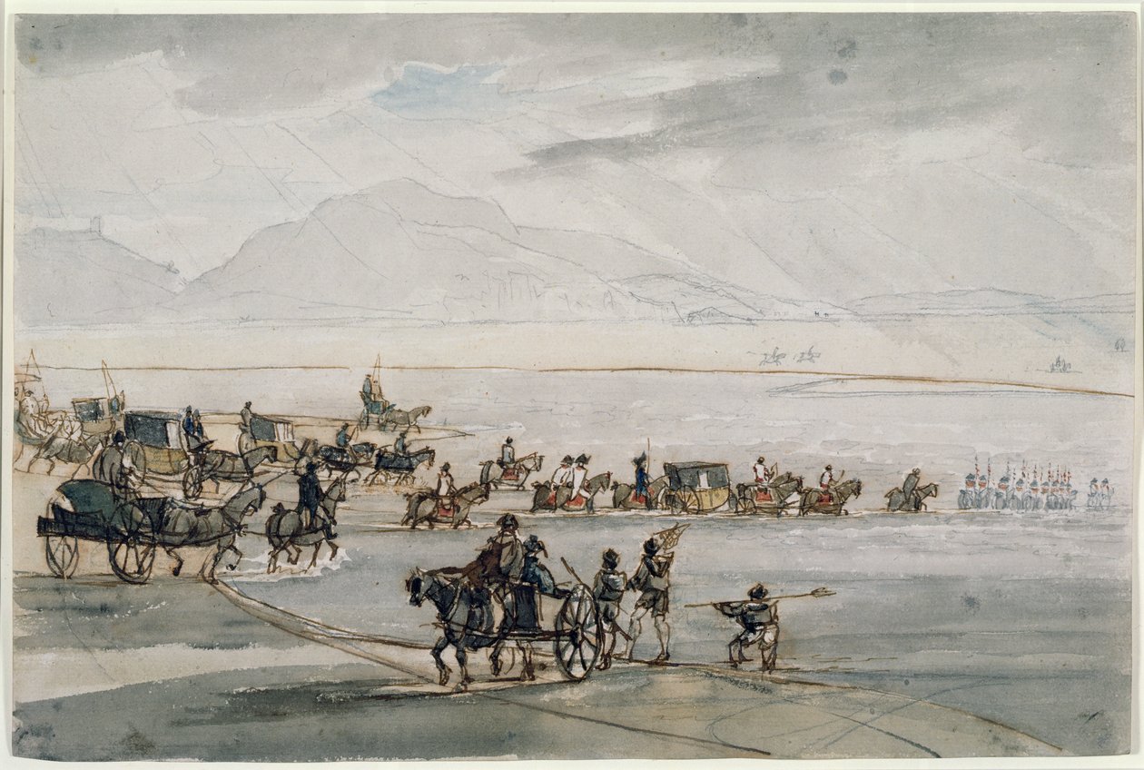 Vysoký šerif z Lancashire Crossing Morecambe Sands (wc, pero a inkoust na papíře) od Thomas Sunderland
