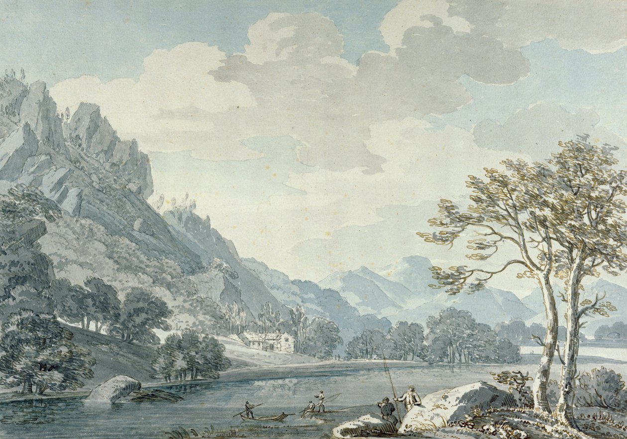 Pohled na Ullswater z Pooley Bridge (wc na papíře) od Thomas Sunderland