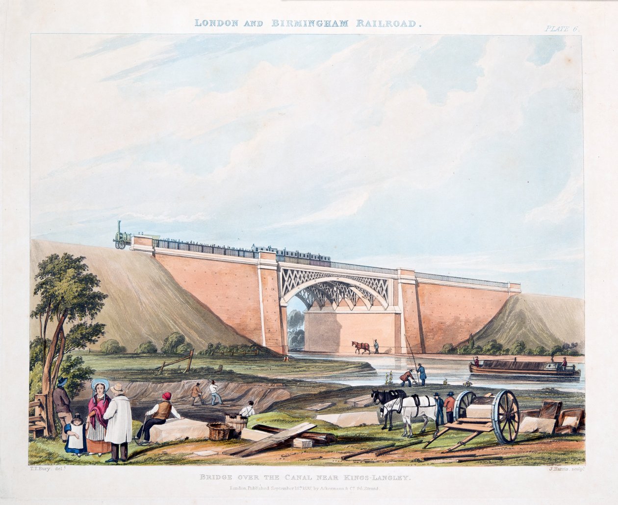 Most přes kanál poblíž Kings-Langley, 1837 (ručně kolorovaná rytina) od Thomas Talbot Bury