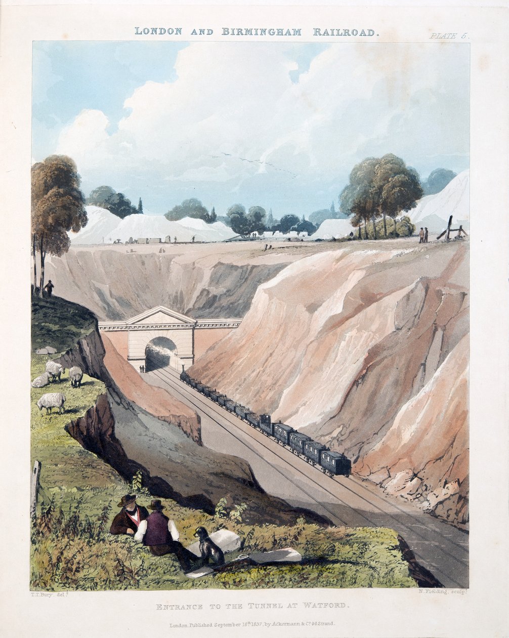 Vchod do tunelu ve Watfordu, 1837 (ručně kolorovaná rytina) od Thomas Talbot Bury
