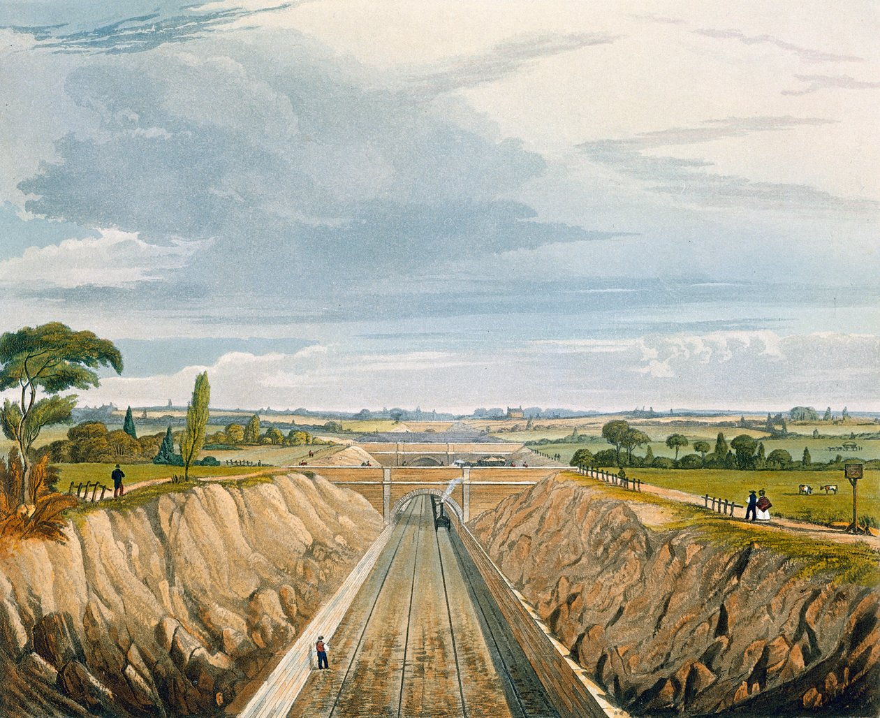 Blízko Liverpoolu, pohled směrem k Manchesteru, deska 11 z knihy "Coloured View of the Liverpool und Manchester Railway", vyryl H. Pyall, vydal Ackermann und Co., Londýn, 1833. od Thomas Talbot Bury