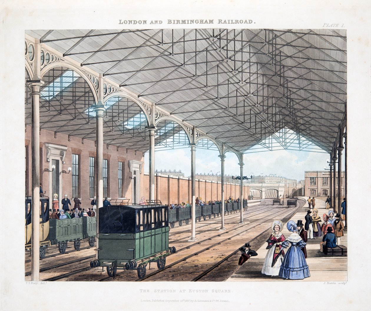 Stanice na Euston Square, 1837 (ručně kolorovaná rytina) od Thomas Talbot Bury