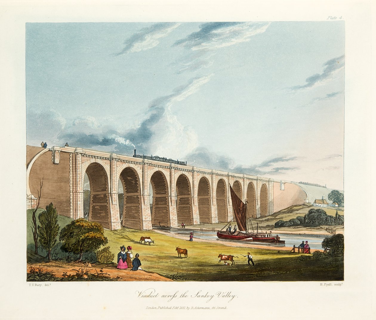 Viadukt Across the Sankey Valley, 1831 (ručně kolorovaná rytina) od Thomas Talbot Bury