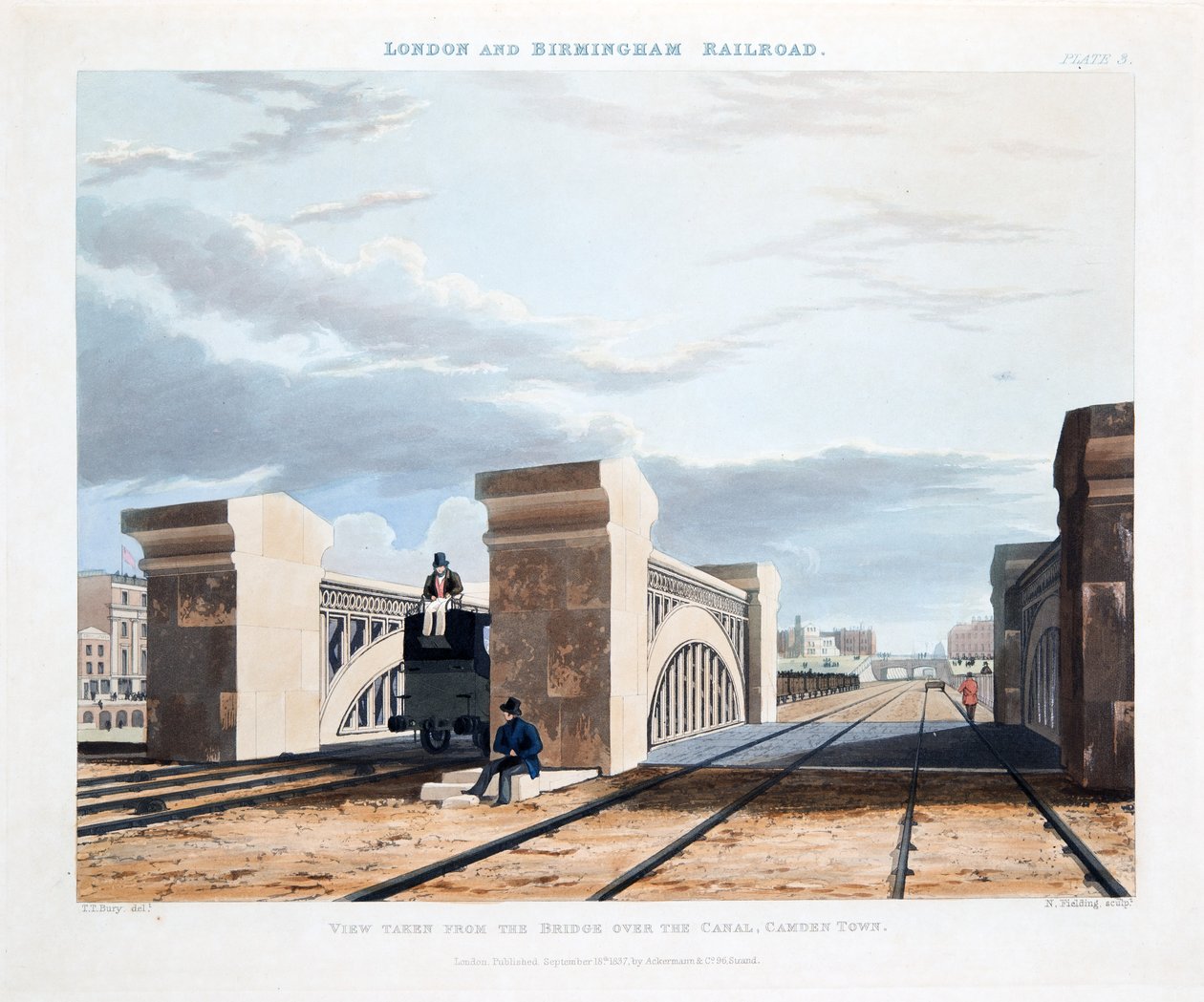 Pohled z mostu přes kanál, Camden Town, 1837 (ručně kolorovaná rytina) od Thomas Talbot Bury