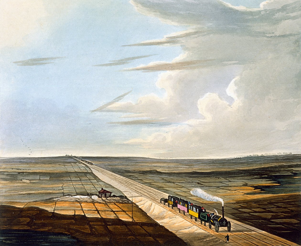 Pohled na železnici přes Chat Moss, deska 5 z „Barevný pohled na železnici Liverpool und Manchester“, vyrytý H. Pyallem, vydal Ackermann und Co., Londýn, vydáno 1833 od Thomas Talbot Bury