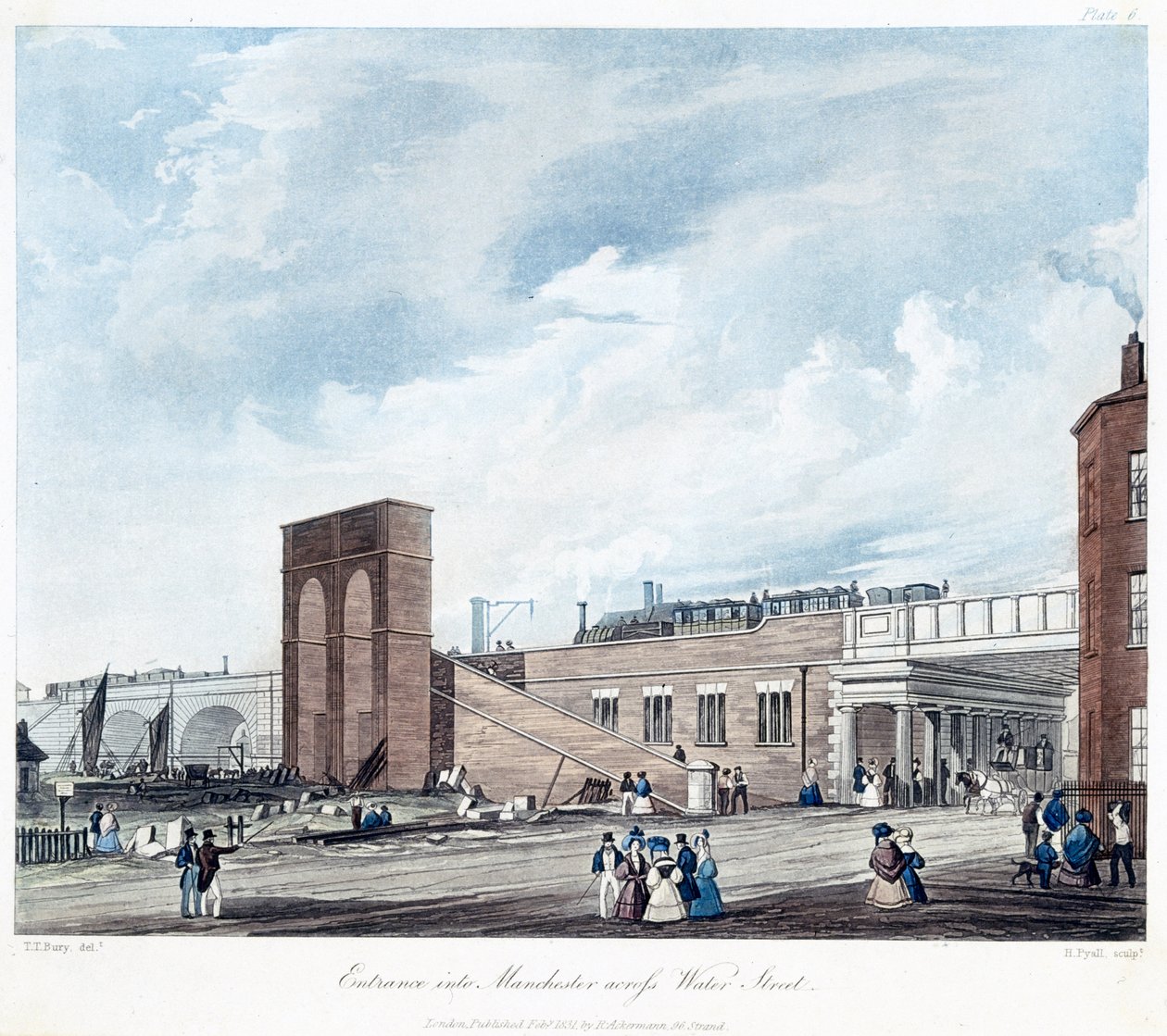 Vchod do Manchester Across Water Street, vyrytý Henry Pyall (1795-1833) vydal Ackermann & Co., 1831 (barevná akvatinta) od Thomas Talbot after Bury